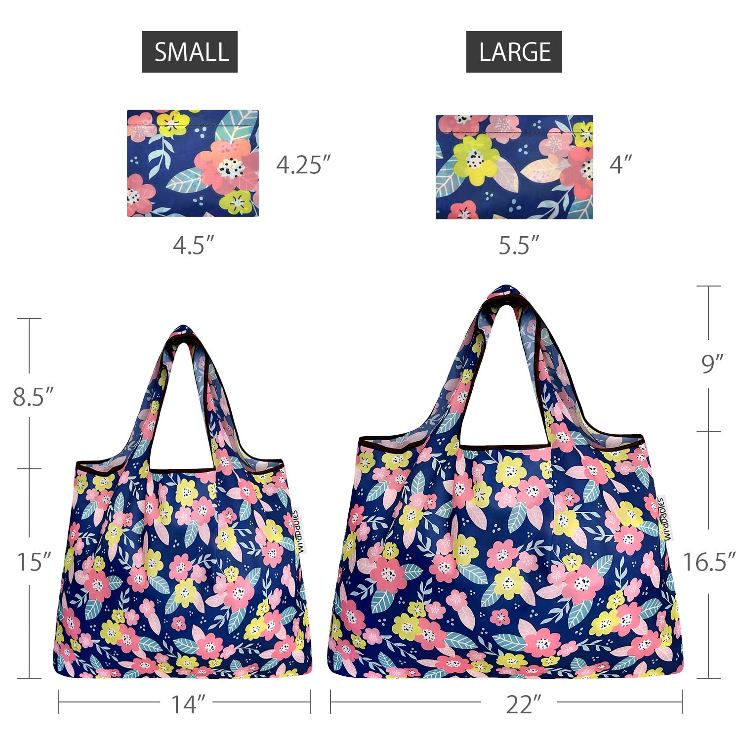 Allydrew Large & Small Foldable Tote Nylon Reusable Grocery Bags, Set Of 2, Pink & Yellow Corsage